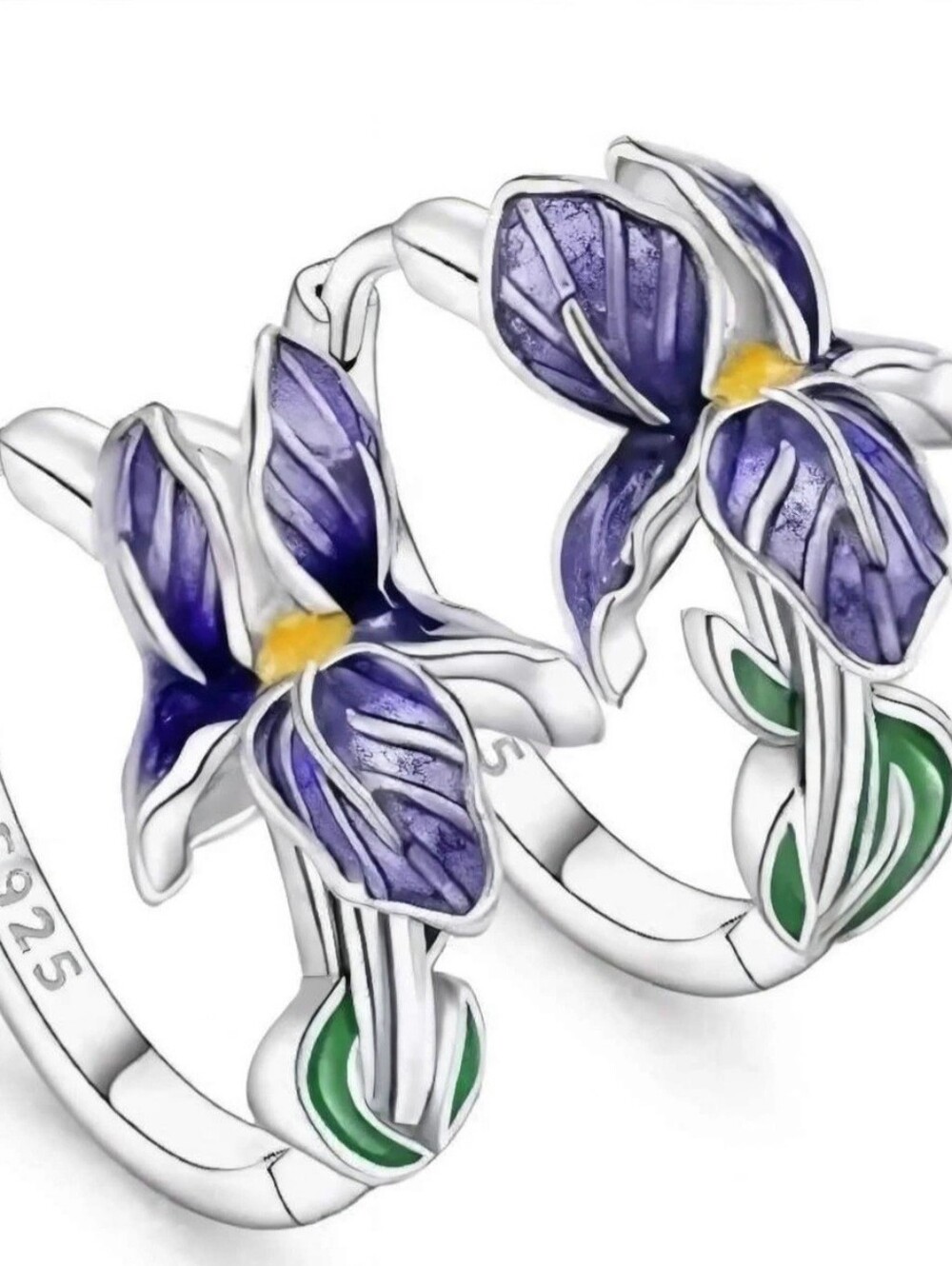 Sterling Silver Purple Iris Flower Hoop Earrings with Green Leaves